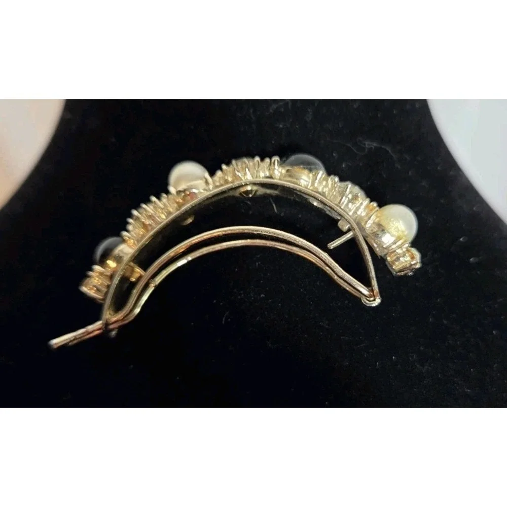 Gold Tone Crescent Moon Brooch Pin Faux Pearls Green Pink Clear Rhinestones